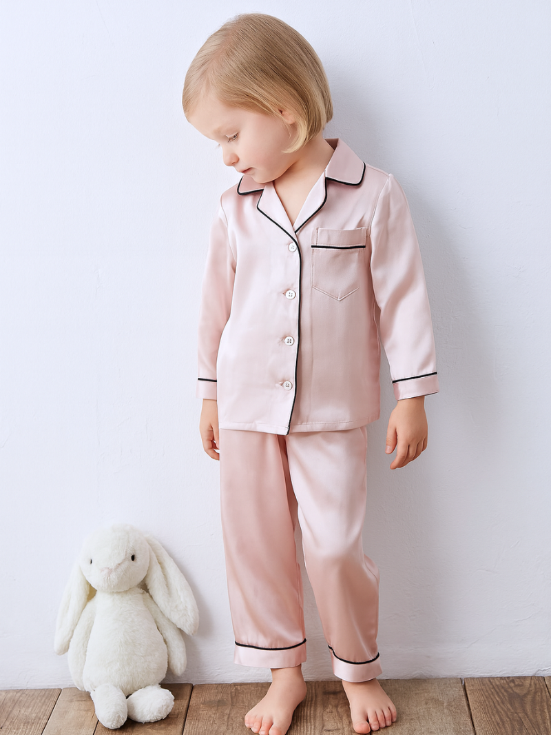 100% Mulberry Silk Kids Pajama Set – Soft Long Sleeve Nightwear with Elegant Black Trim
