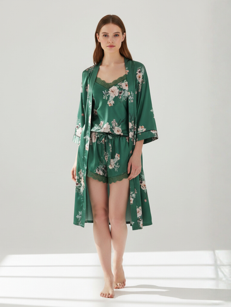 4pcs Elegant Satin Robe Set for Women with Floral Print - V-Neck Cami Top & Shorts