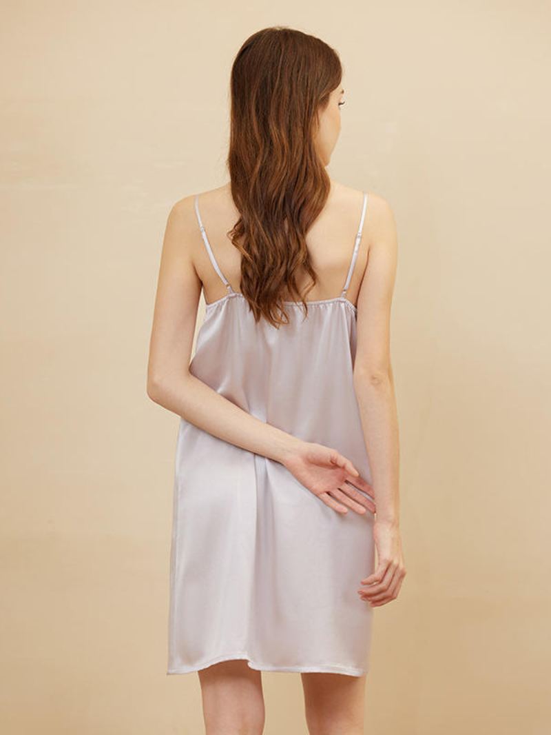 100% Mulberry Silk Mini Nightgown – Elegant Lace Trim & Flattering Side Slit