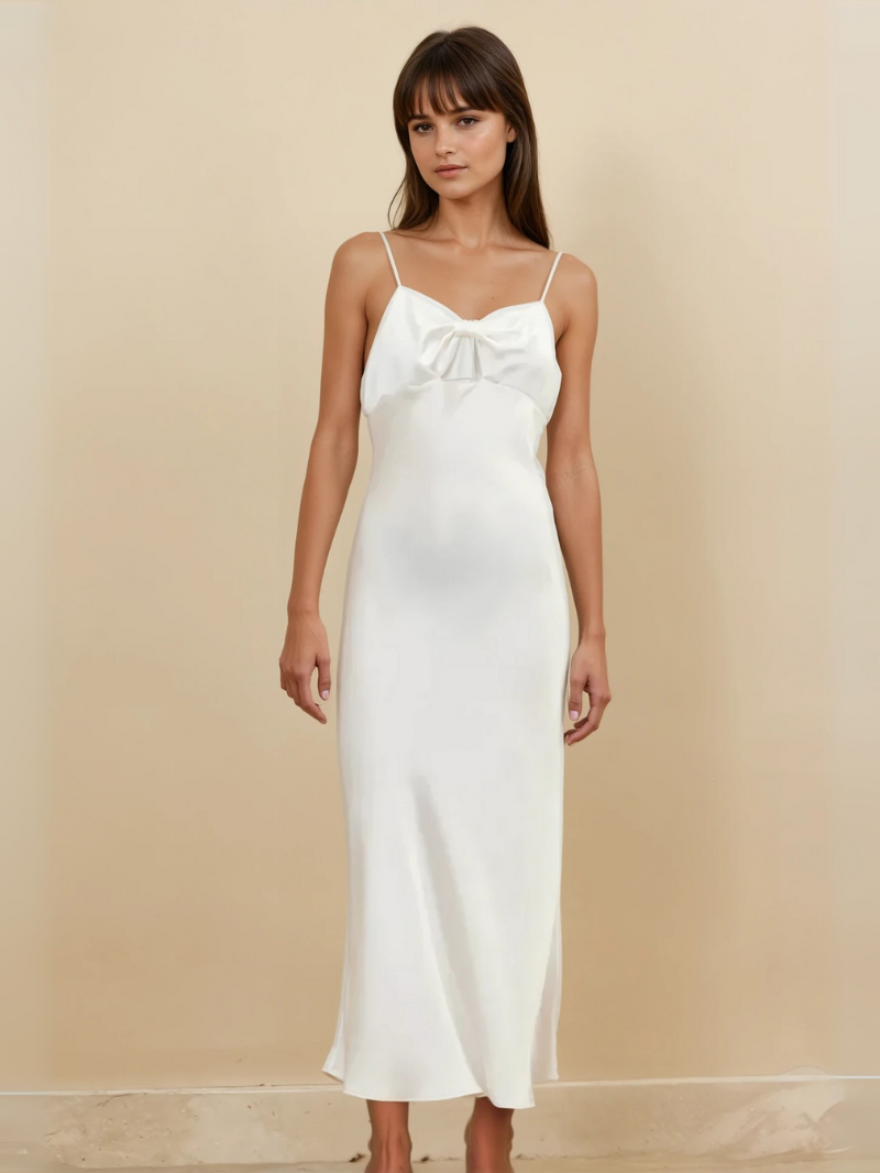 100% Mulberry Silk Evening Gown – Elegant Bow Design, Soft & Luxurious Formal Dress