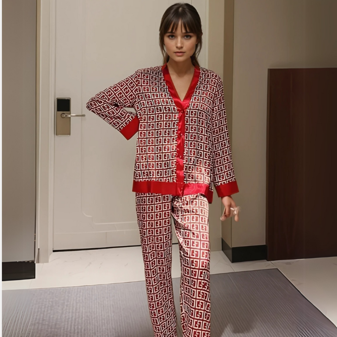 Women's Ice Silk Pajama Set – Long Sleeve V-Neck Cardigan with Satin Look – Breathable & Lightweight Loungewear