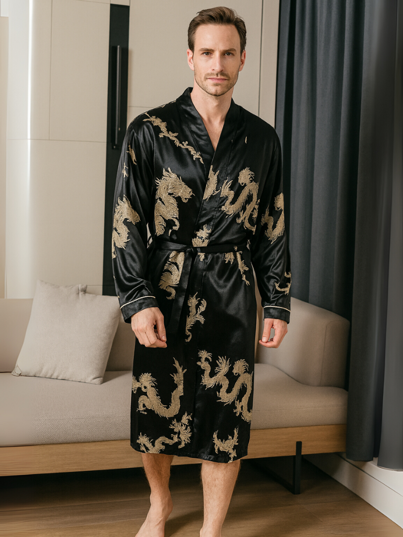 Men’s Lightweight Long Sleeve Robe with Golden Dragon Print – Stylish Loungewear & Pajama Cover-Up for All Seasons