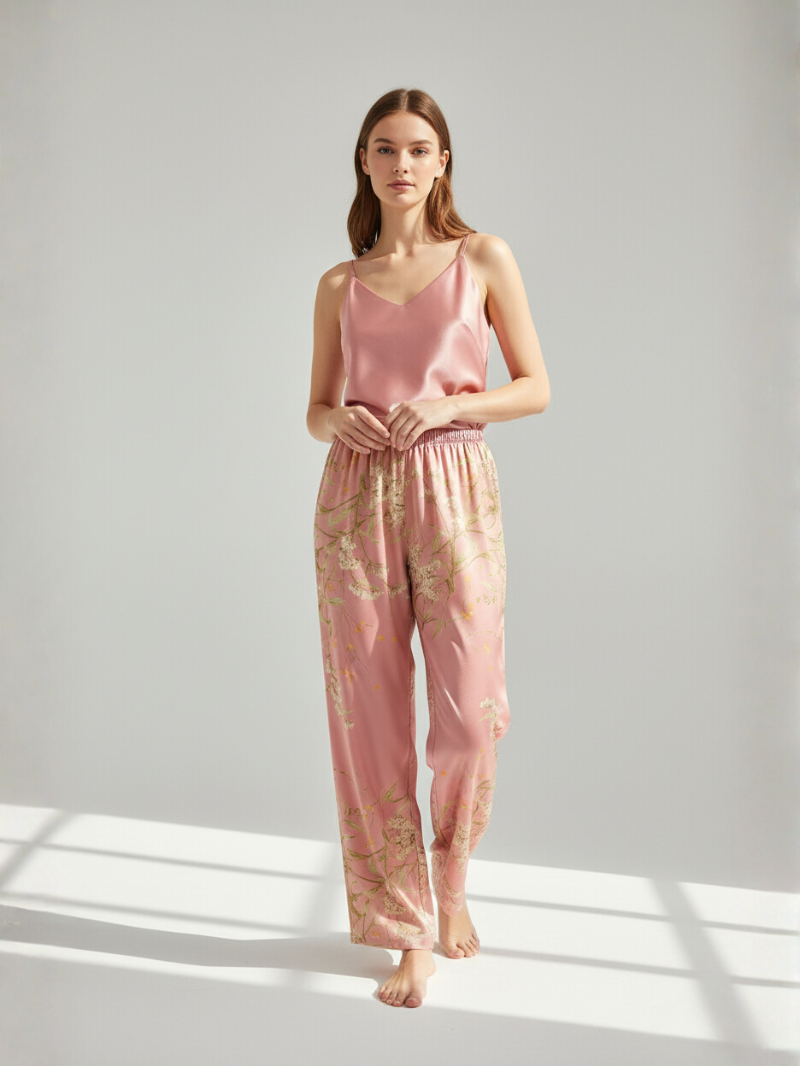 3pcs Elegant Floral Print Silk Pajama Pants Set