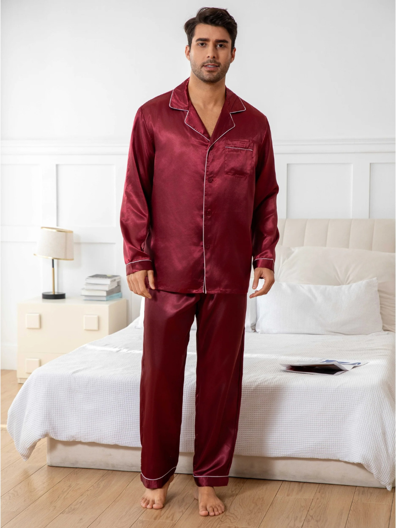 Men’s Silk-Look Pajama Set – Lightweight Long Sleeve Lounge & Sleepwear for Home Comfort