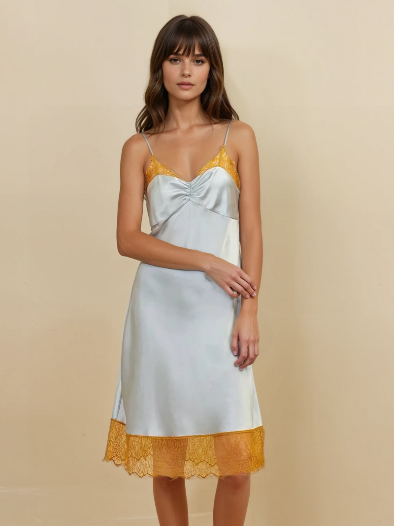100% Mulberry Silk Nightgown – Elegant Lace Trim & Spaghetti Straps for Luxurious Sleep