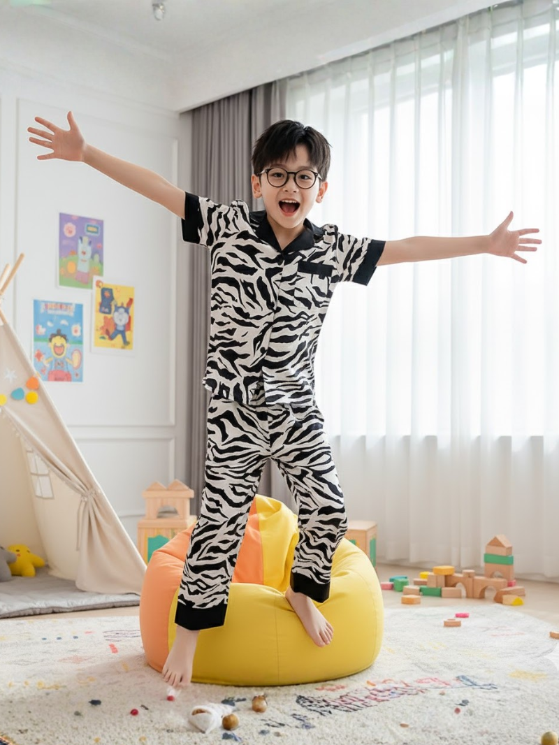 Boys Zebra Print Pajama Set – Soft Satin Sleepwear with Long & Short Options
