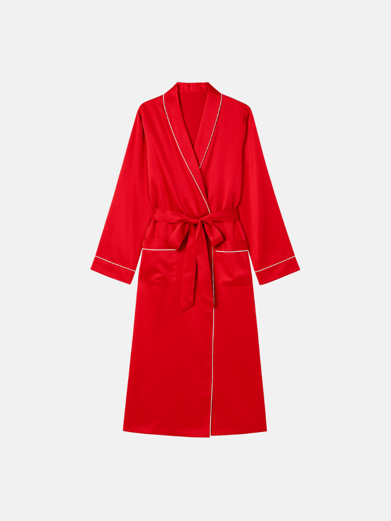 100% Mulberry Silk Long Robe for Women – Luxury Sleepwear & Elegant Loungewear with Contrast Trim