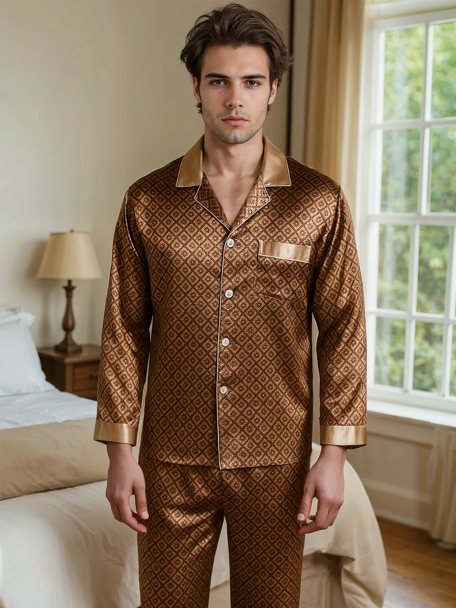 Men’s Silk-Feel Pajama Set – Lightweight Long & Short Sleeve Sleepwear for All Seasons