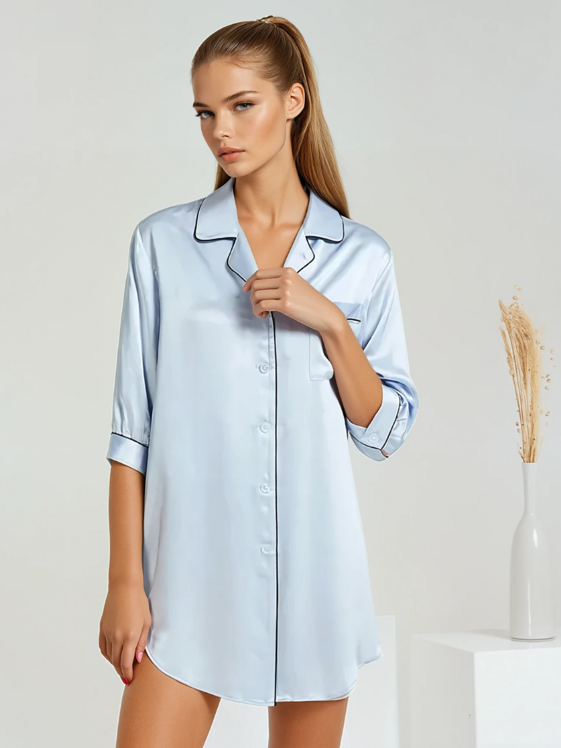 100% Mulberry Silk Nightdress with Shirt Collar – Elegant Women’s Sleepwear