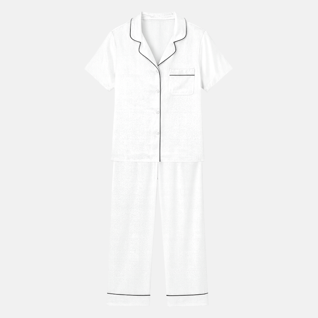 100% Mulberry Silk Pajama Set – Short Sleeve Button Top & Long Pants