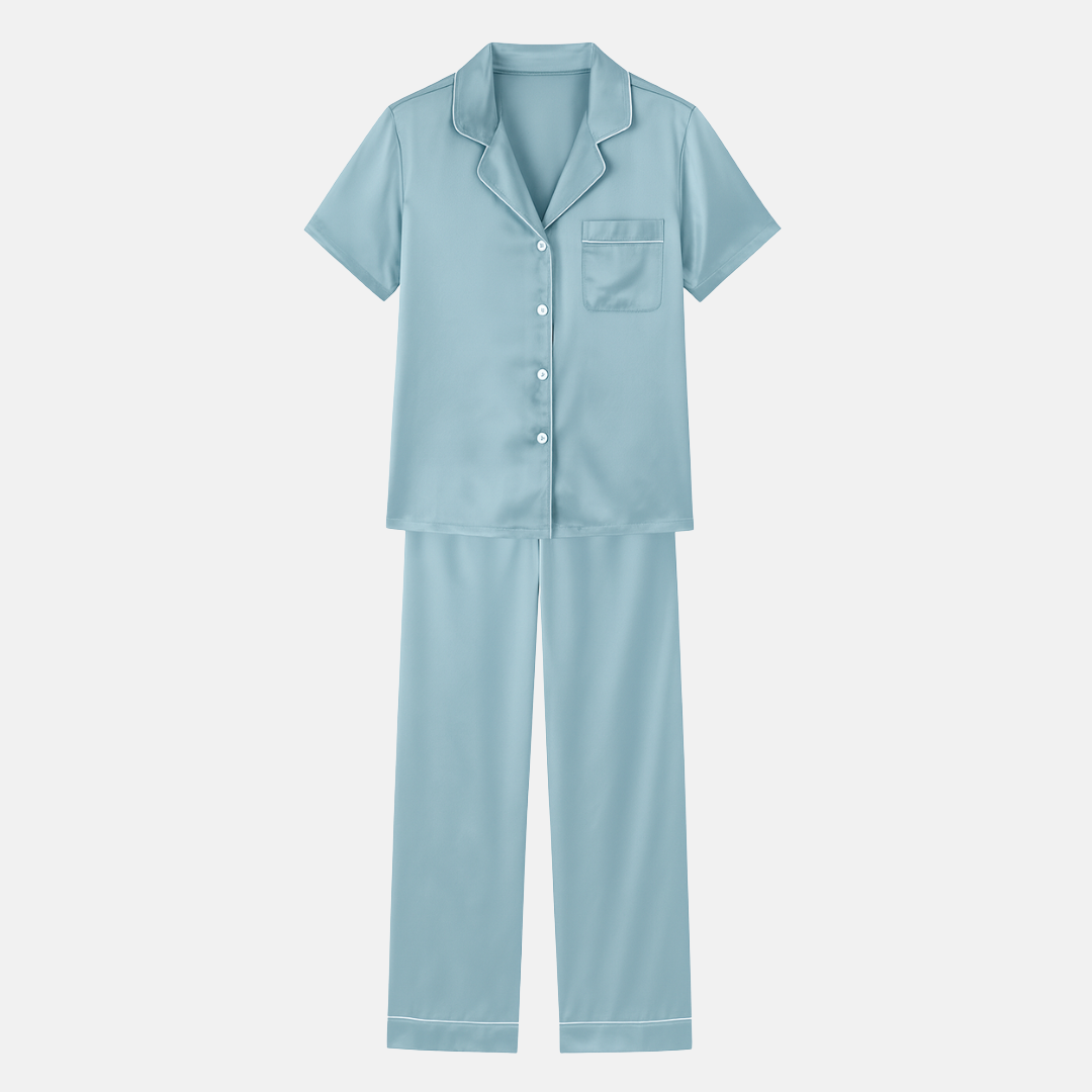 100% Mulberry Silk Pajama Set – Short Sleeve Button Top & Long Pants