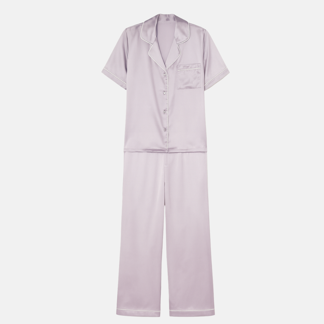 100% Mulberry Silk Pajama Set – Short Sleeve Button Top & Long Pants