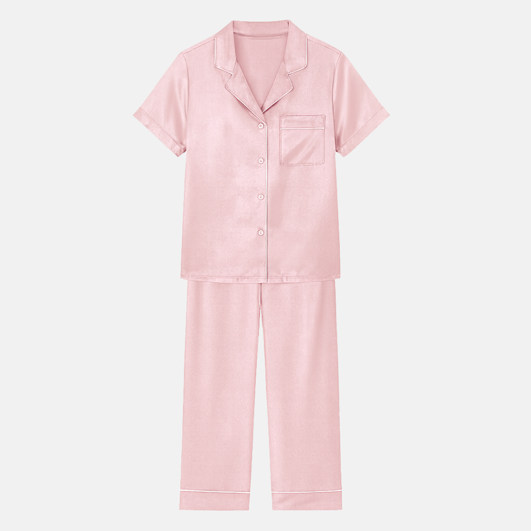 100% Mulberry Silk Pajama Set – Short Sleeve Button Top & Long Pants