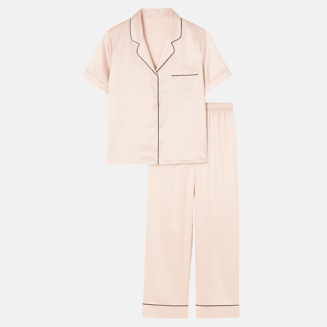 100% Mulberry Silk Pajama Set – Short Sleeve Button Top & Long Pants