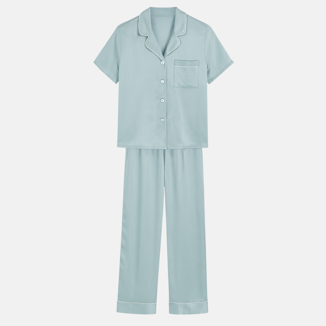 100% Mulberry Silk Pajama Set – Short Sleeve Button Top & Long Pants