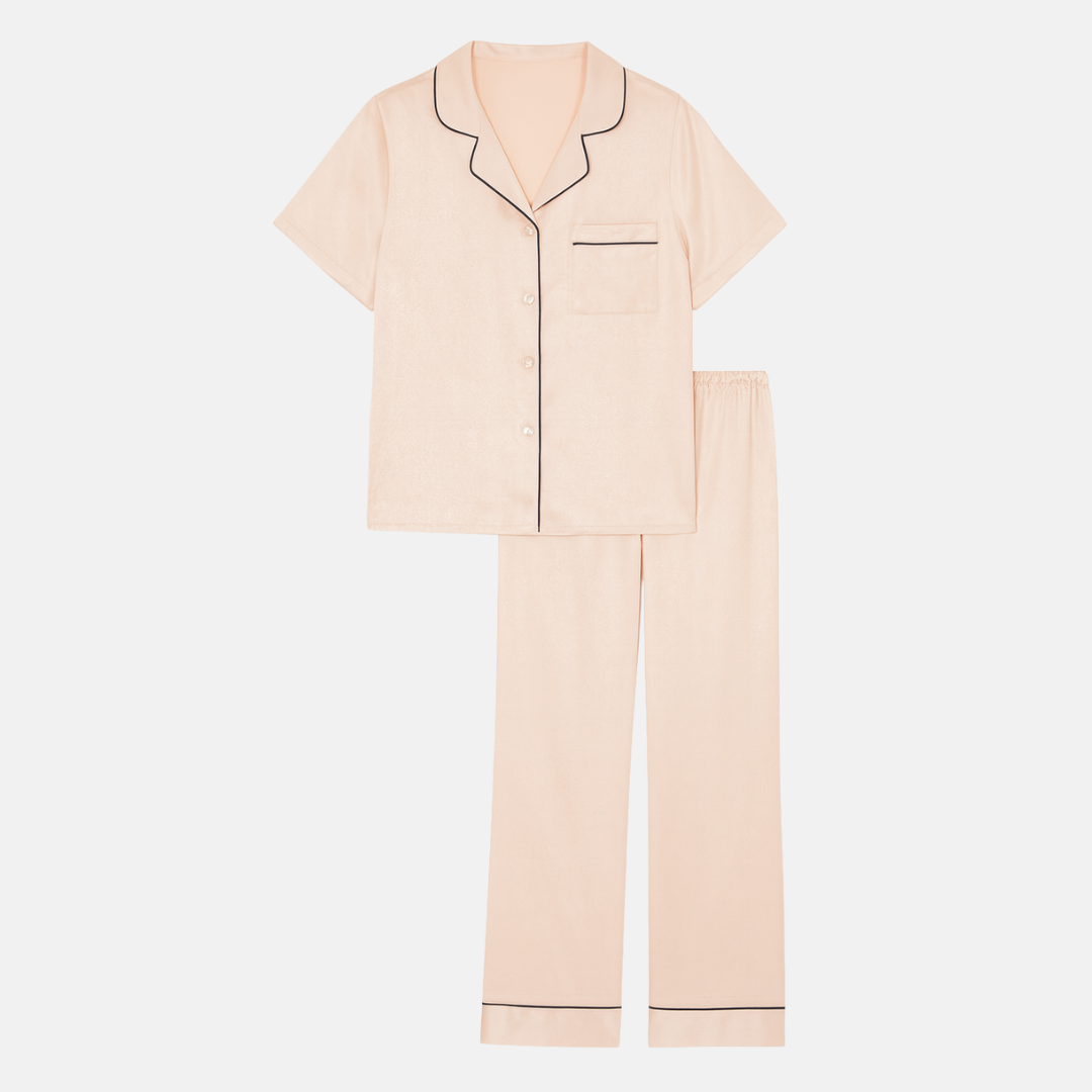 100% Mulberry Silk Pajama Set – Short Sleeve Button Top & Long Pants