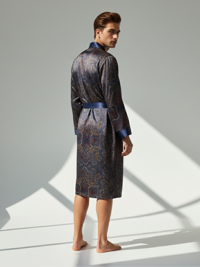 Men’s Silk-Like Robe – Luxurious Paisley Pattern Sleepwear