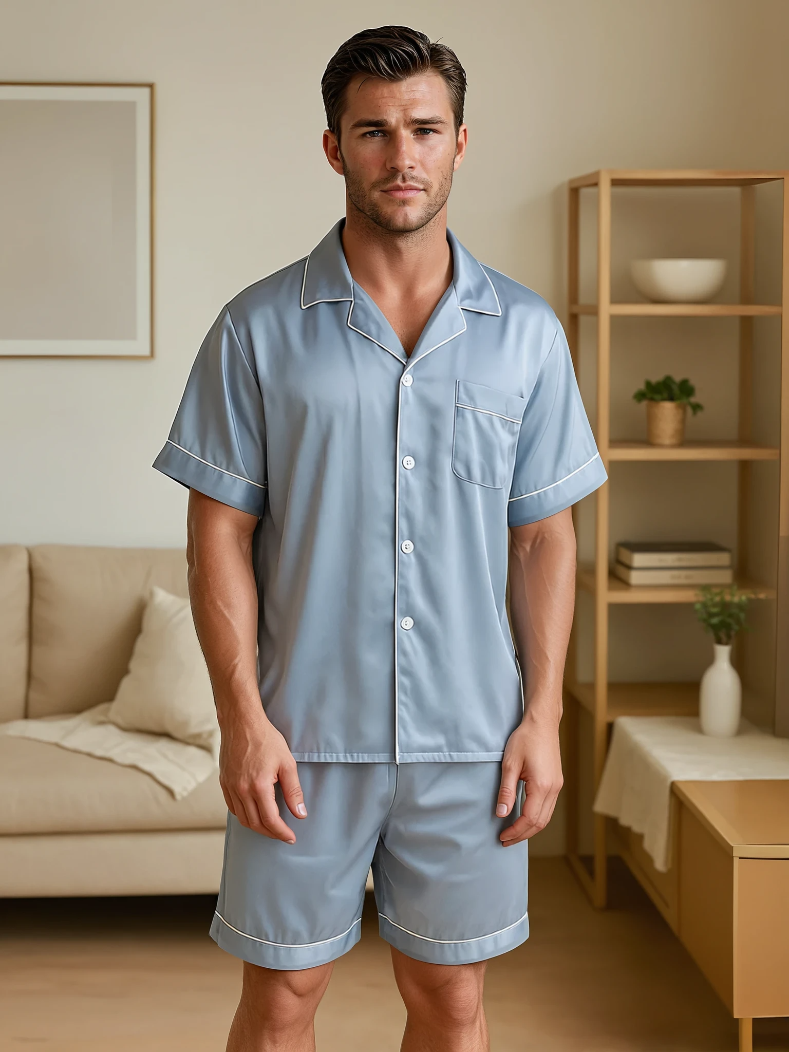 Men’s Silk Pajama Set – Short Sleeve Shirt & Shorts Nightwear
