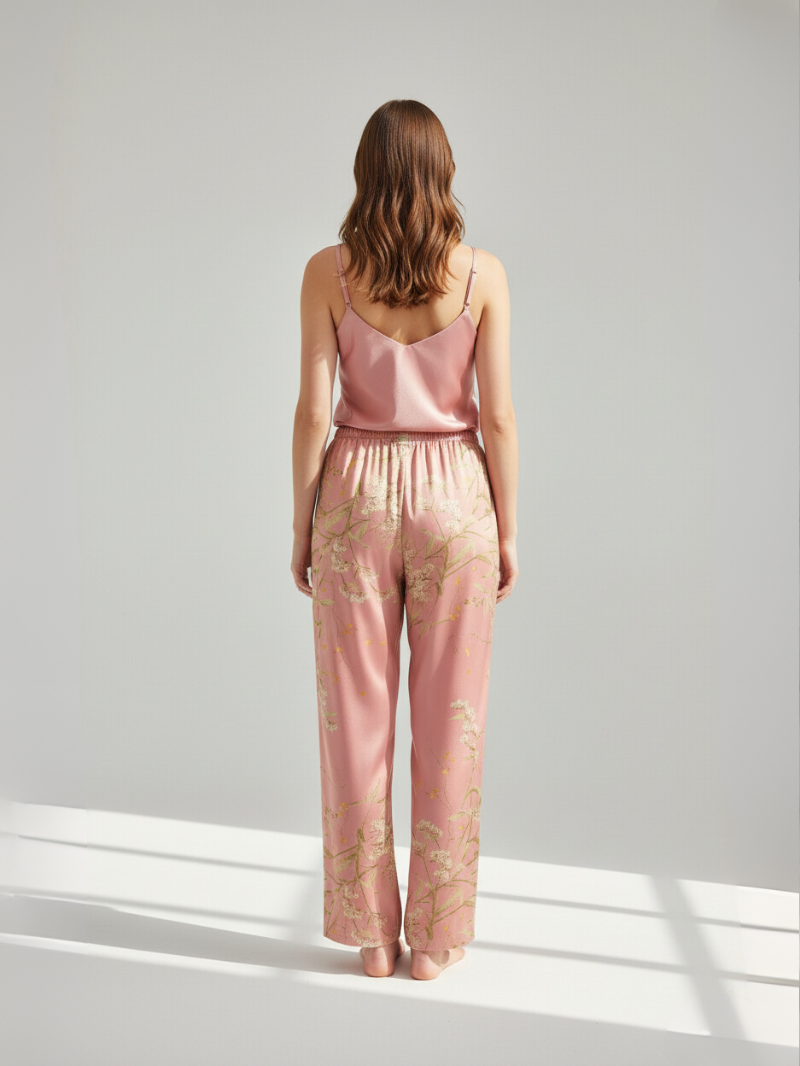 3pcs Elegant Floral Print Silk Pajama Pants Set