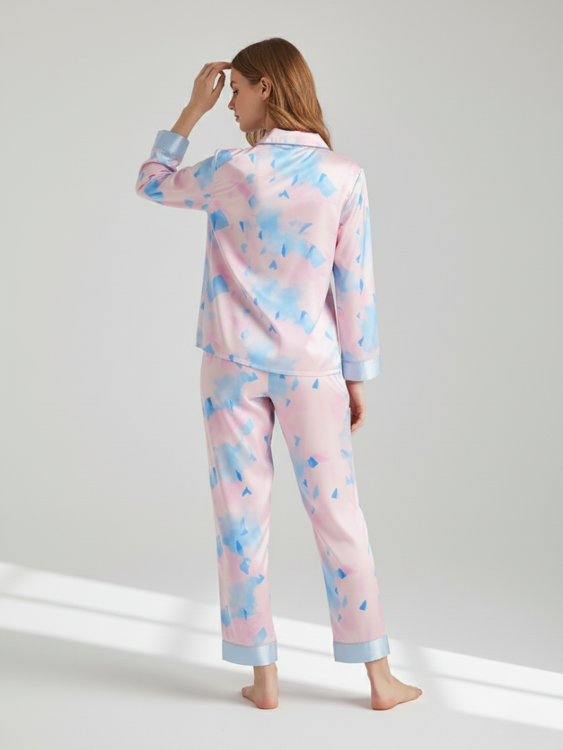 Luxury 100% Mulberry Silk Pajama Set for Women – Watercolor Print, Long Sleeve & Pants