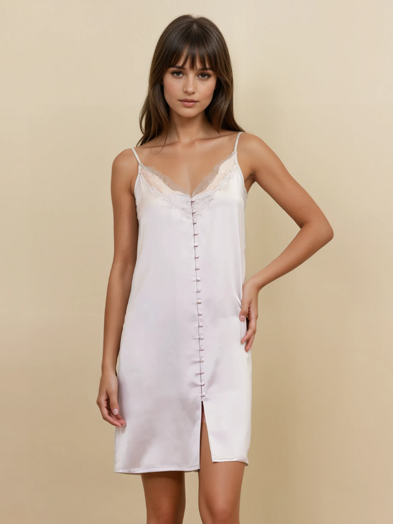 100% Mulberry Silk Mini Nightgown – Elegant Lace Trim & Flattering Side Slit