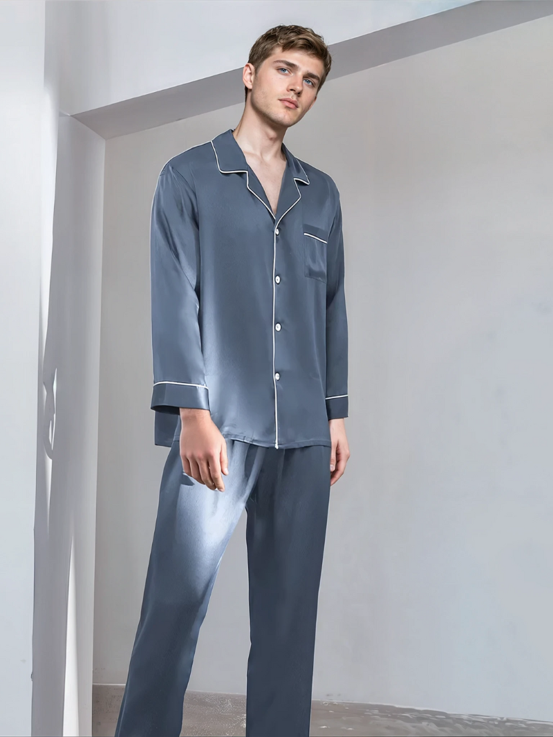 Men’s 100% Mulberry Silk 16 Momme satin crepe Pajama Set Long Sleeve Shirt & Trousers