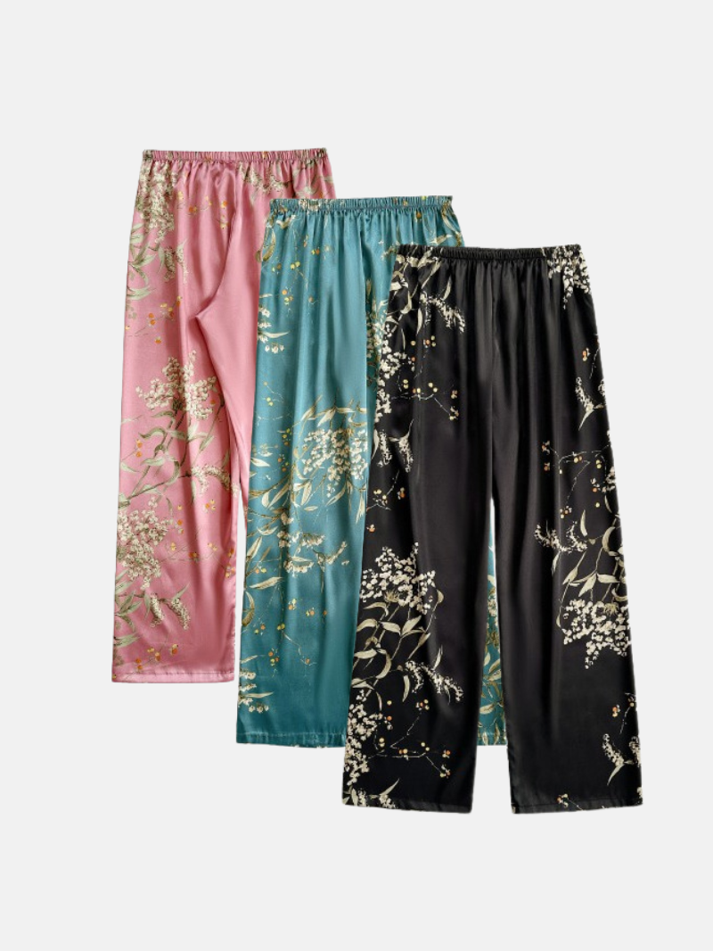 3pcs Elegant Floral Print Silk Pajama Pants Set