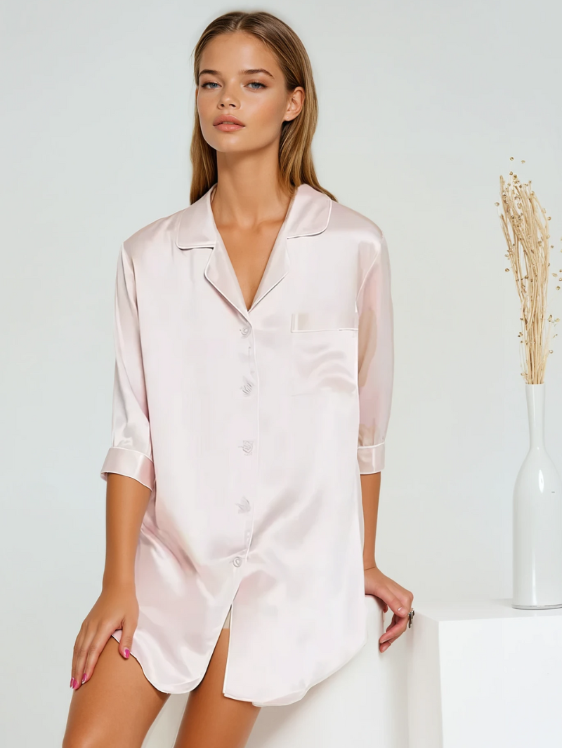 100% Mulberry Silk Nightdress with Shirt Collar – Elegant Women’s Sleepwear