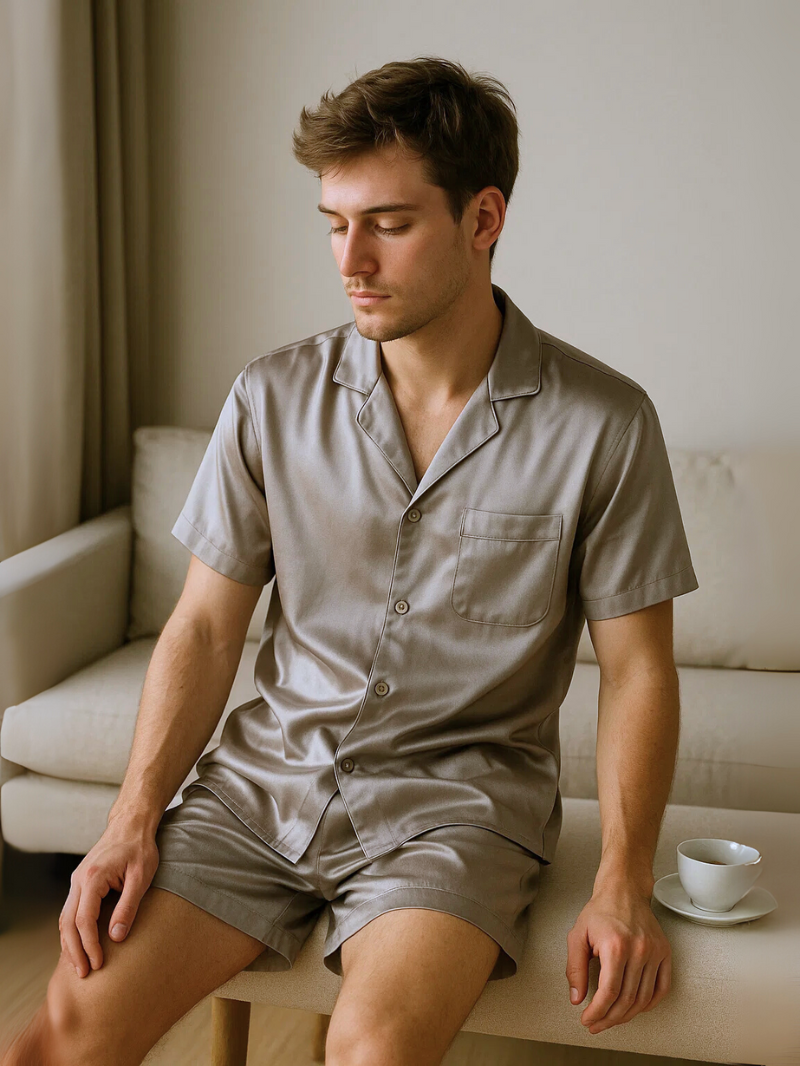 Breathable Men’s Silk-Like Pajama Set – Short Sleeve Button-Up Shirt & Shorts | Summer Sleepwear & Comfortable Loungewear with Pockets