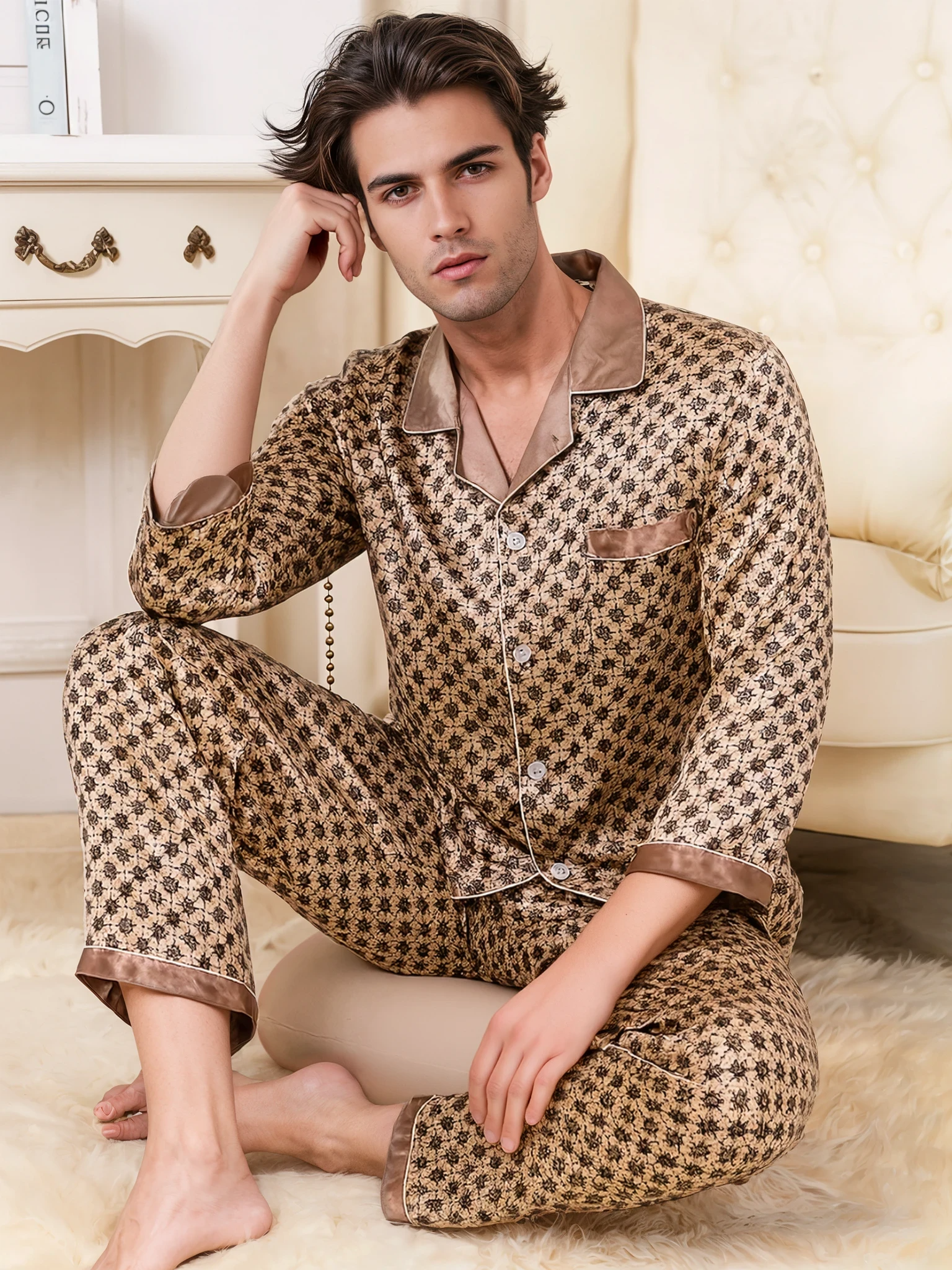 Men’s Silk-Feel Pajama Set – Lightweight Long & Short Sleeve Sleepwear for All Seasons