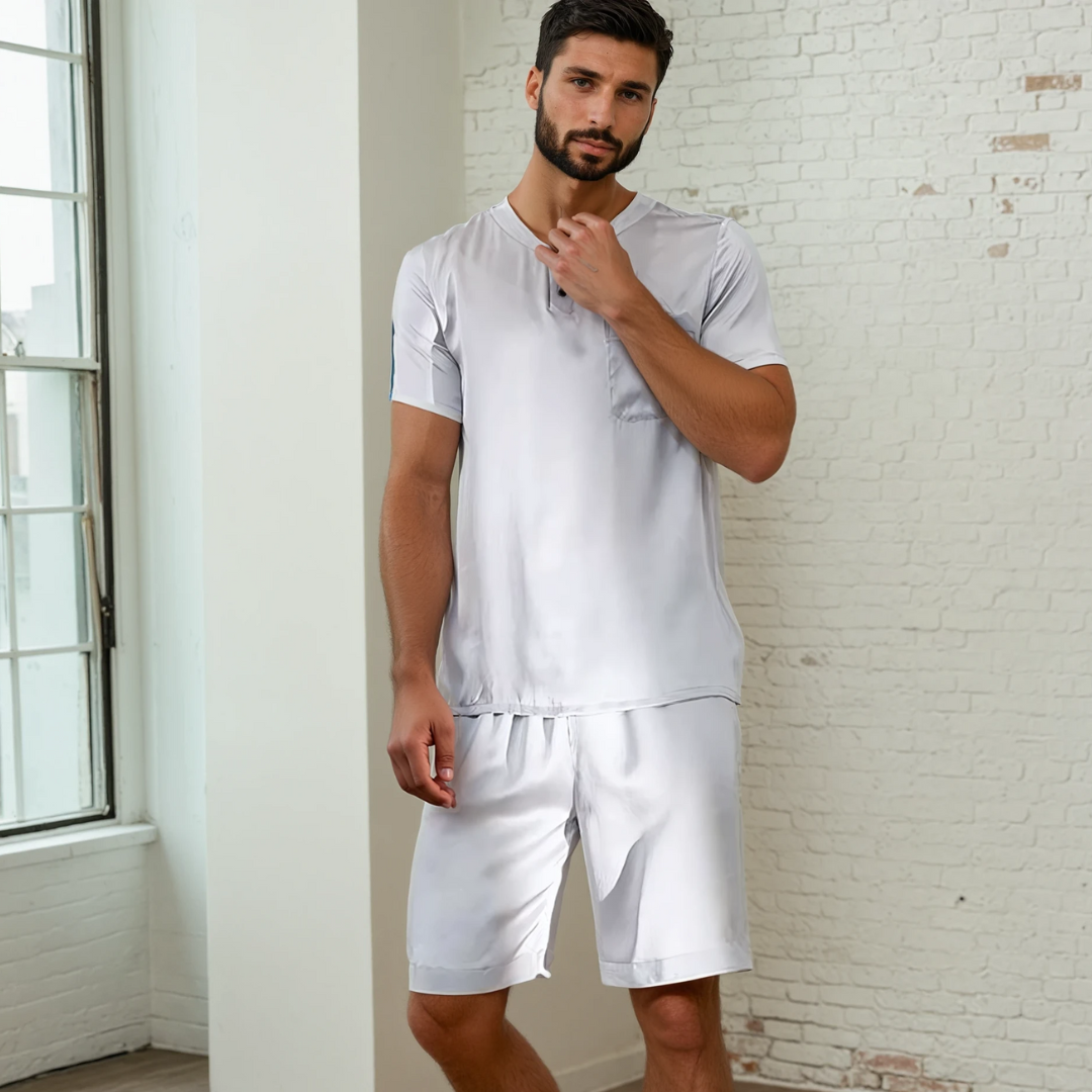 Men’s 100% Mulberry Silk Short Suit – Round Neck, Short-Sleeved Loungewear Set