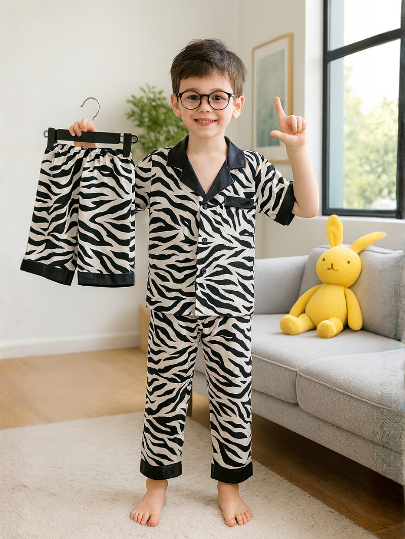 Boys Zebra Print Pajama Set – Soft Satin Sleepwear with Long & Short Options