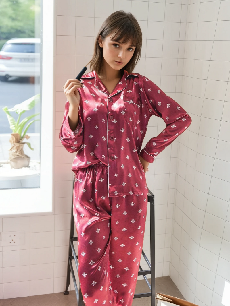 Soft Polyester Pajama Set for Women – Long Sleeve Sleepwear with Pants, Lightweight & Breathable - Silken & Dreams