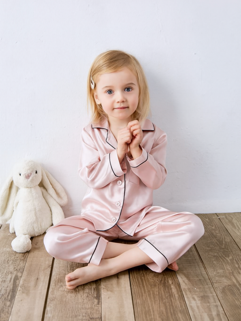 100% Mulberry Silk Kids Pajama Set – Soft Long Sleeve Nightwear with Elegant Black Trim