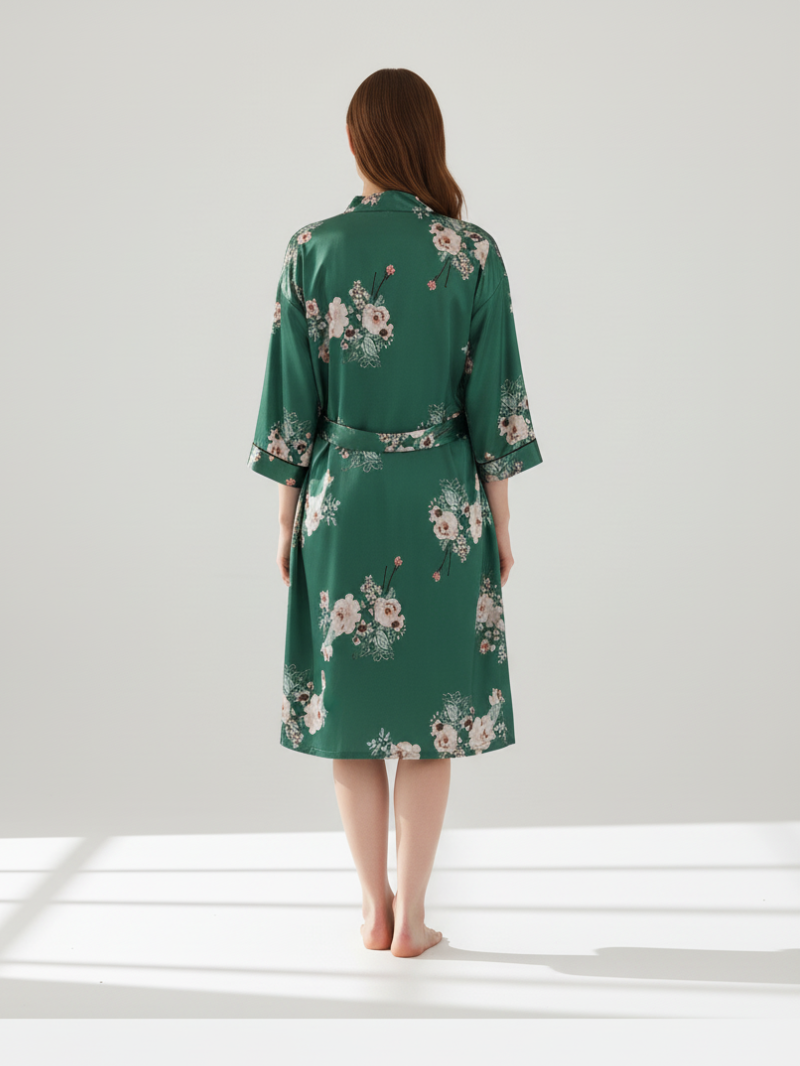 4pcs Elegant Satin Robe Set for Women with Floral Print - V-Neck Cami Top & Shorts