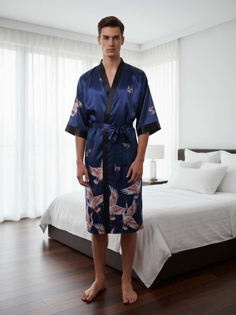 Loose Long Shirt with Crane Print – Comfortable Tie-Back Homewear with Pocket for Spring and Summer