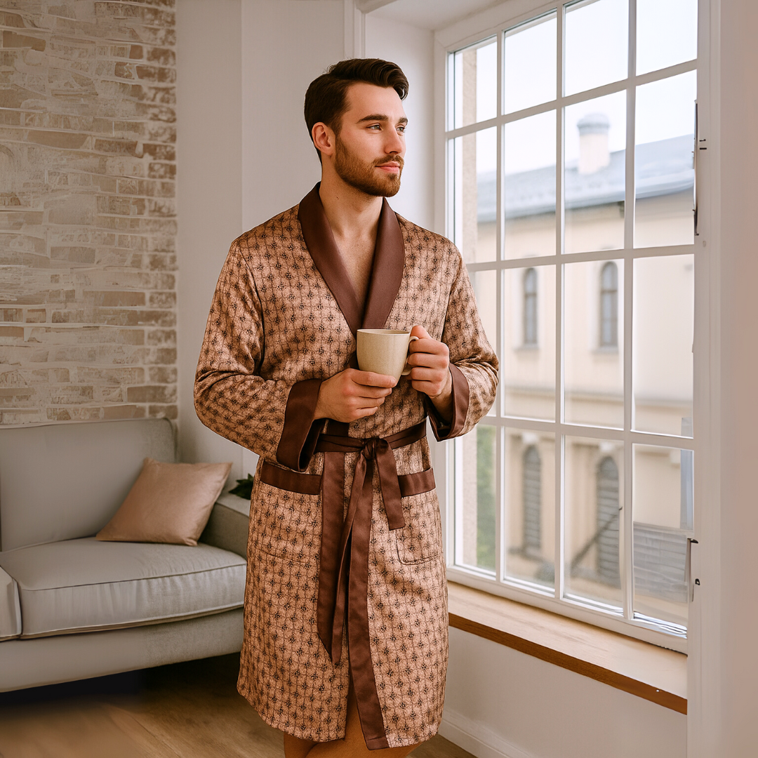 Men’s Brown Patterned Robe – Elegant Design & Comfortable Fit