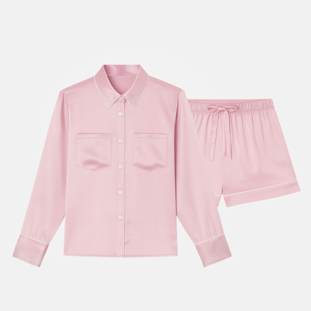 100% Mulberry Silk Pajama Set for Women – Long Sleeve Shirt & Shorts