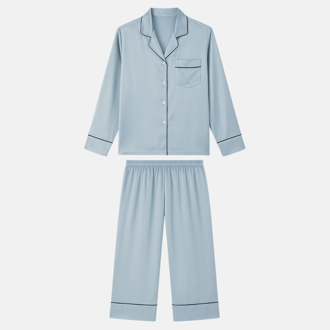 100% Mulberry Silk Pajama Set – Long Sleeve Button Down Top and Full-Length Pants