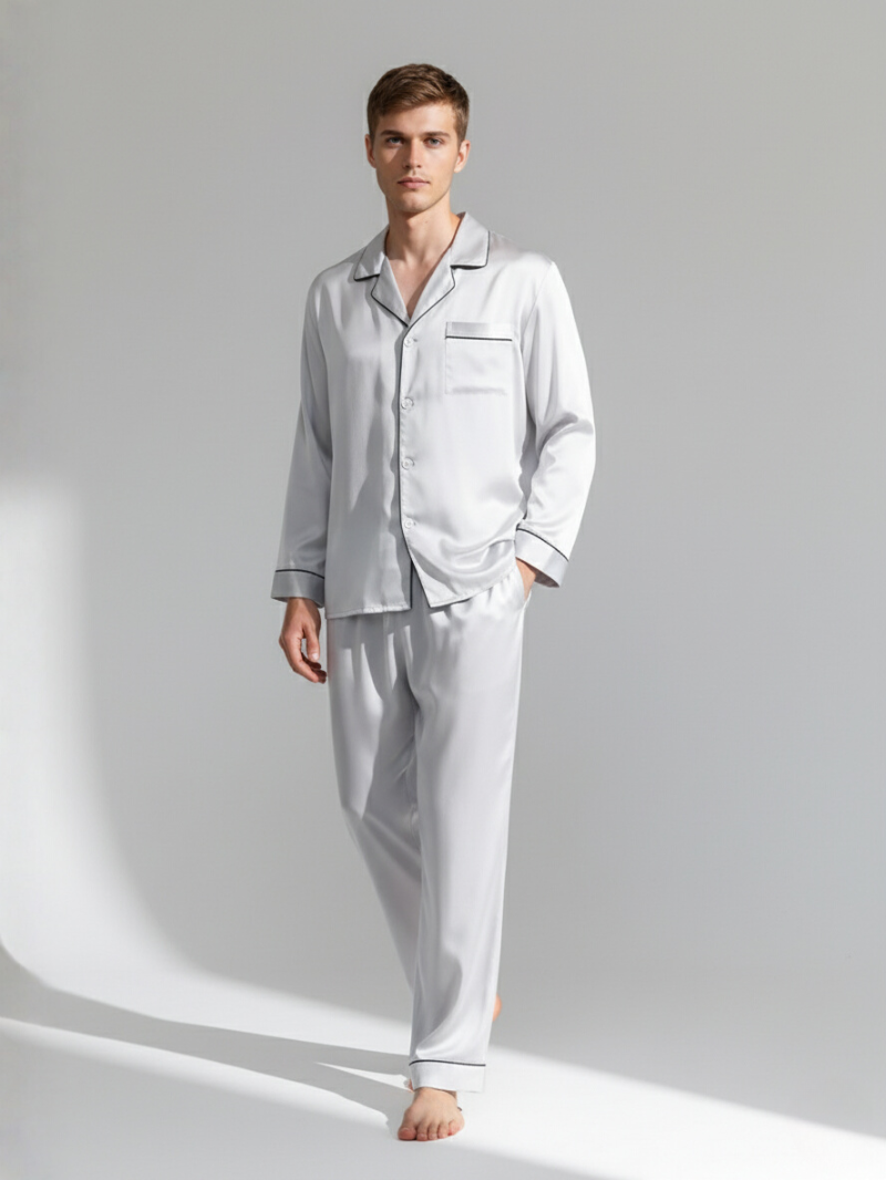 Men’s 100% Mulberry Silk 16 Momme satin crepe Pajama Set Long Sleeve Shirt & Trousers