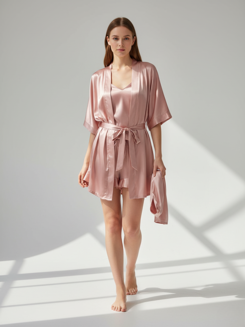 4pcs Elegant Silk Pajama Set for Women - Robe, Bralette, Shorts & Pants