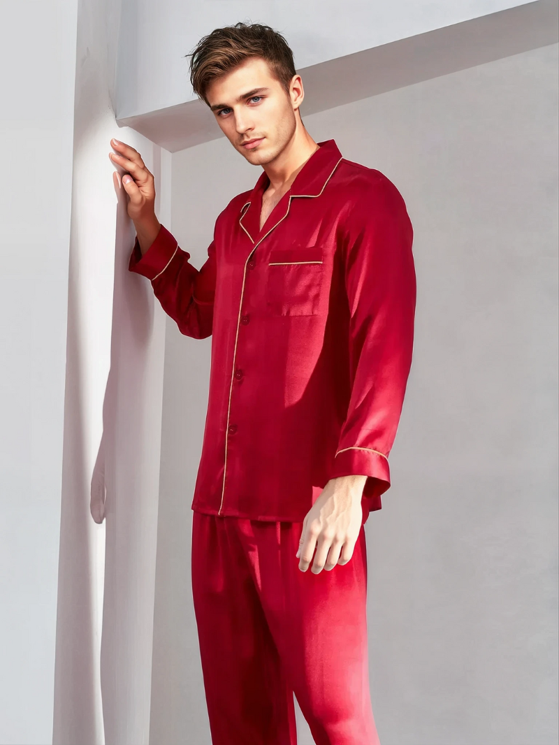 Men’s 100% Mulberry Silk 16 Momme satin crepe Pajama Set Long Sleeve Shirt & Trousers