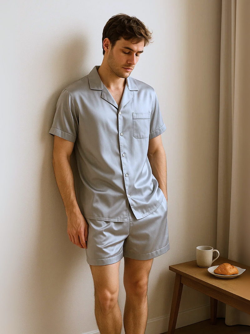 Breathable Men’s Silk-Like Pajama Set – Short Sleeve Button-Up Shirt & Shorts | Summer Sleepwear & Comfortable Loungewear with Pockets