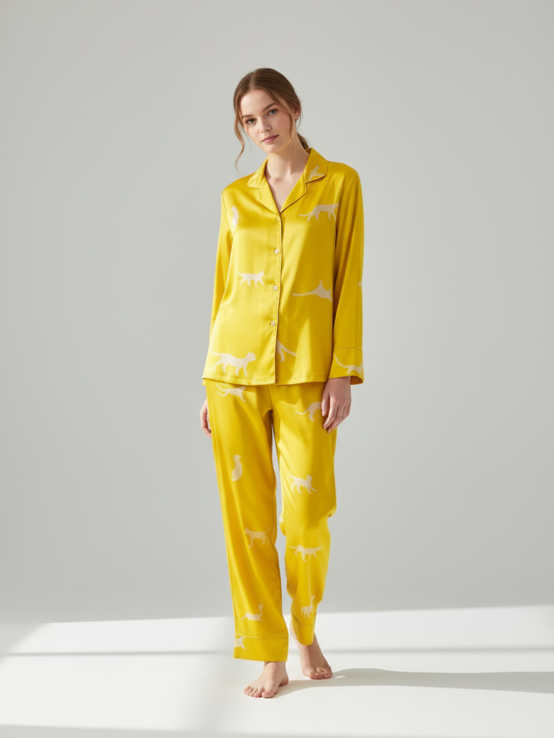 100% Mulberry Silk Leopard Print Long Sleeve Pajama Set – Luxurious Women’s Sleepwear