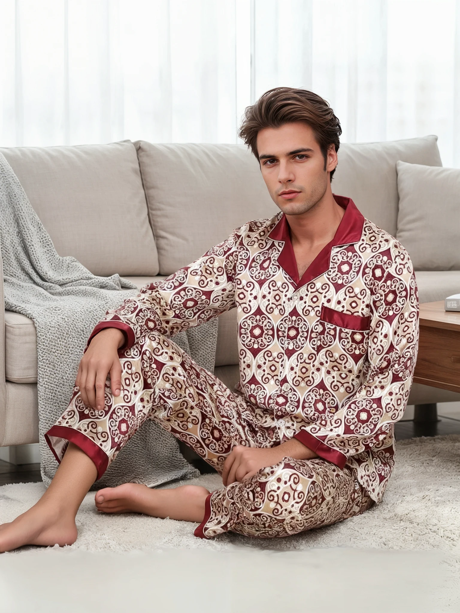 Men’s Silk-Feel Pajama Set – Lightweight Long & Short Sleeve Sleepwear for All Seasons
