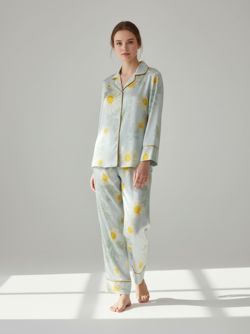100% Mulberry Silk Daisy Print Pajama Set – Long-Sleeve Top & Trousers