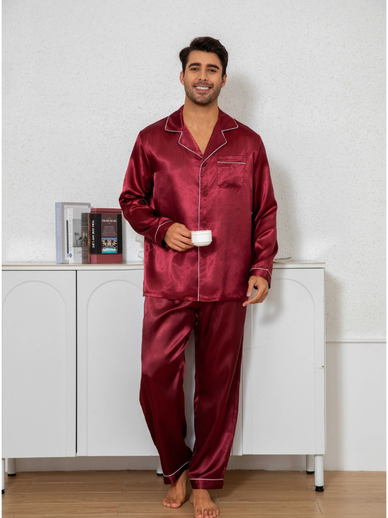 Men’s Silk-Look Pajama Set – Lightweight Long Sleeve Lounge & Sleepwear for Home Comfort