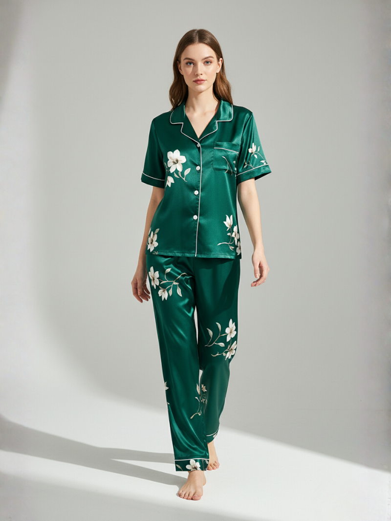 Women’s Pajama Set – Soft, Breathable Short Sleeve Polyester Sleepwear with Pants