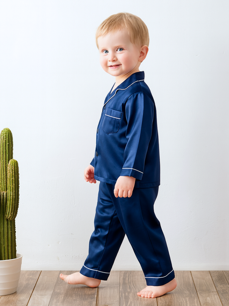100% Mulberry Silk Kids Pajama Set – Soft Long Sleeve Nightwear with Elegant Black Trim