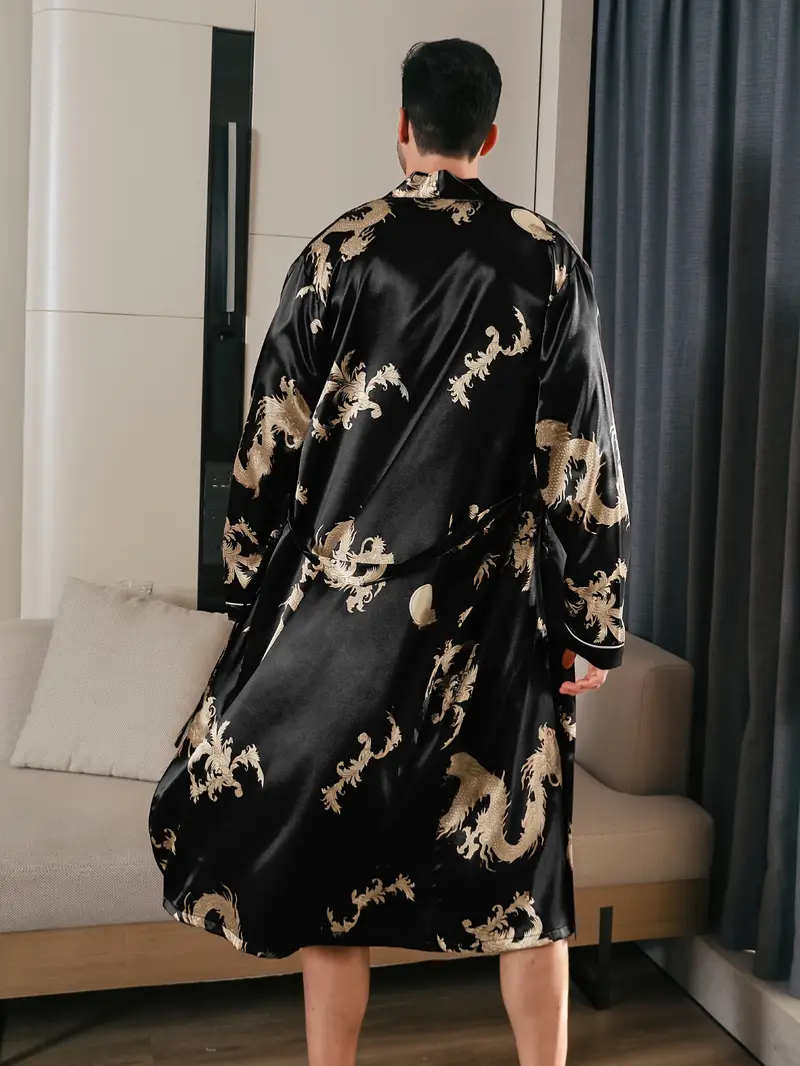 Men’s Lightweight Long Sleeve Robe with Golden Dragon Print – Stylish Loungewear & Pajama Cover-Up for All Seasons